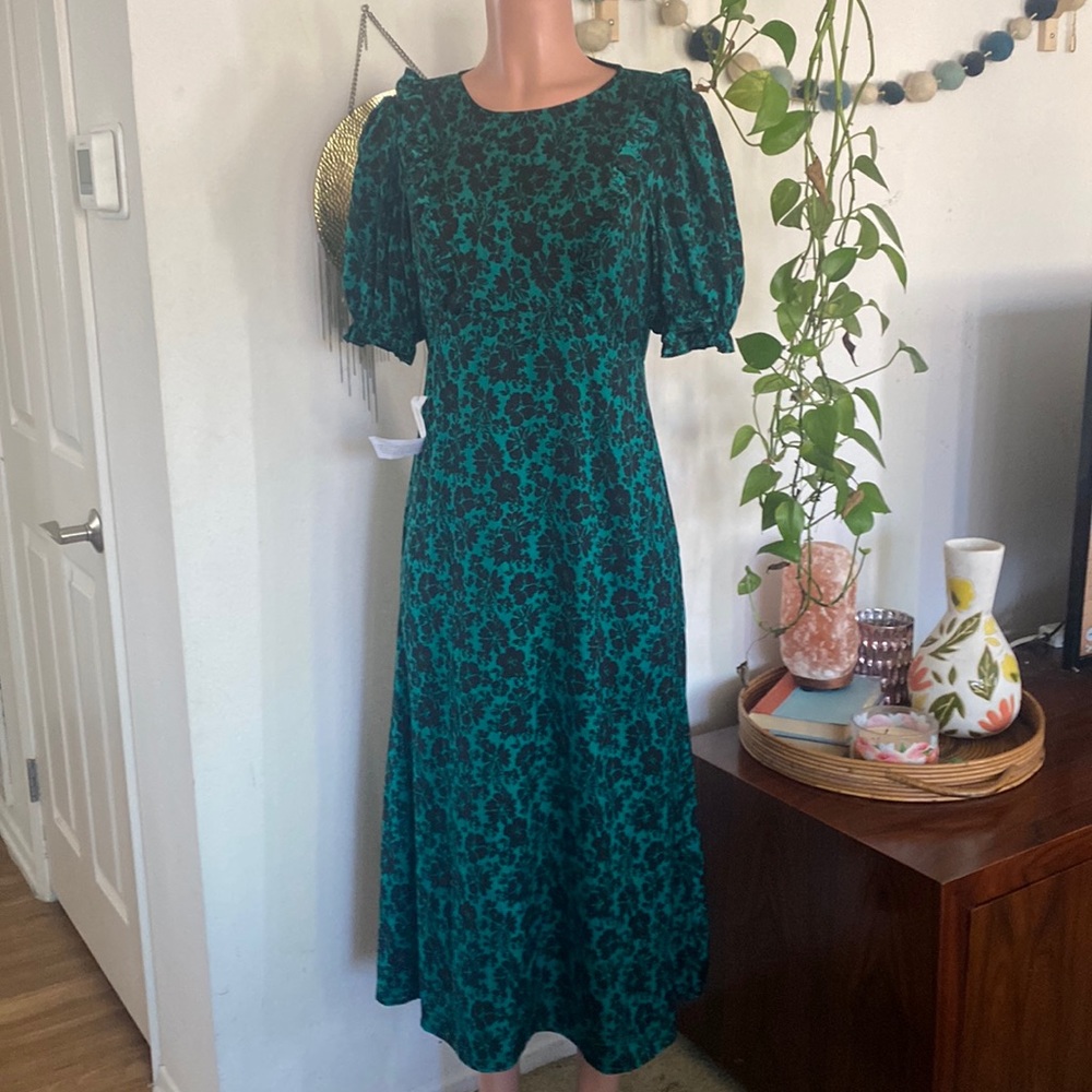 NWT TOPSHOP green black retro style floral print midi dress
